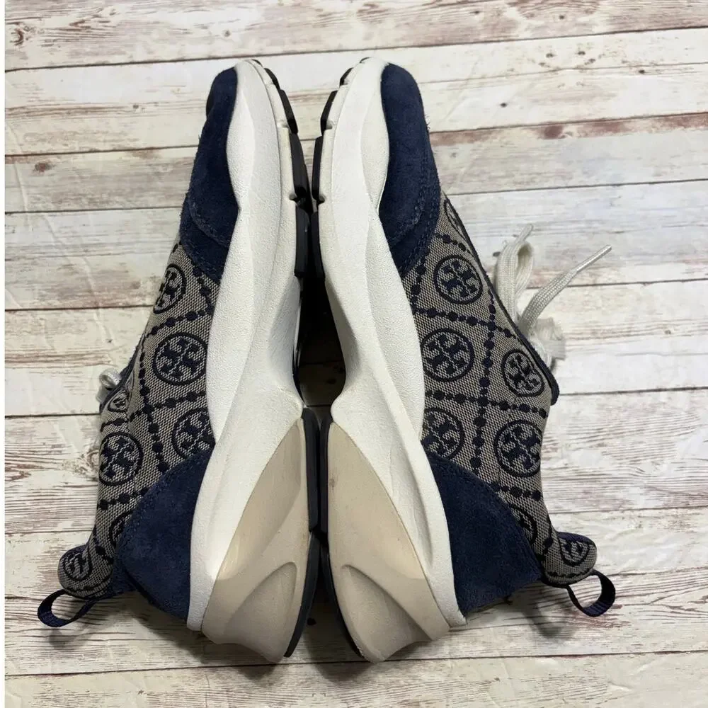 Tory Burch T Monogram Good Luck Trainer Sneakers Women's 9.5 Navy Gray Chunky